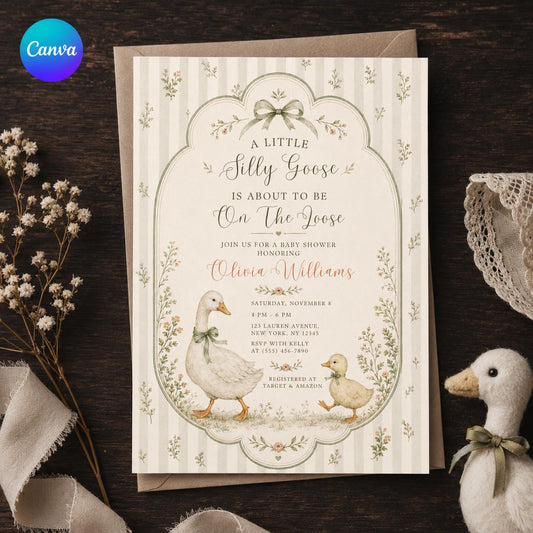 Silly Goose Baby Shower Invitation – Vintage Sage Green Duckling Gender Neutral Party