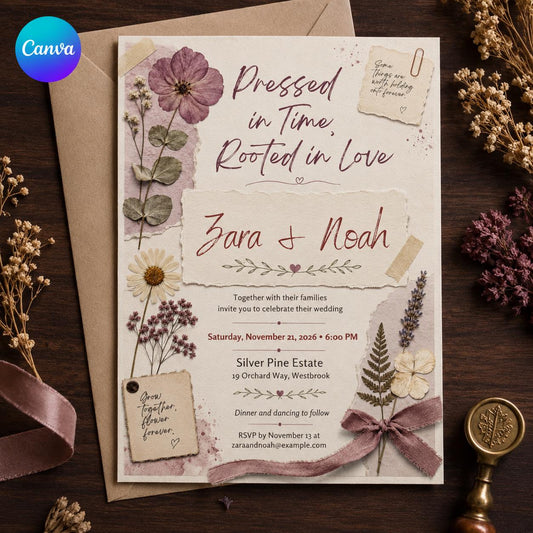 Pressed Flower Wedding Invitation – Botanical Handmade Paper Floral Invite