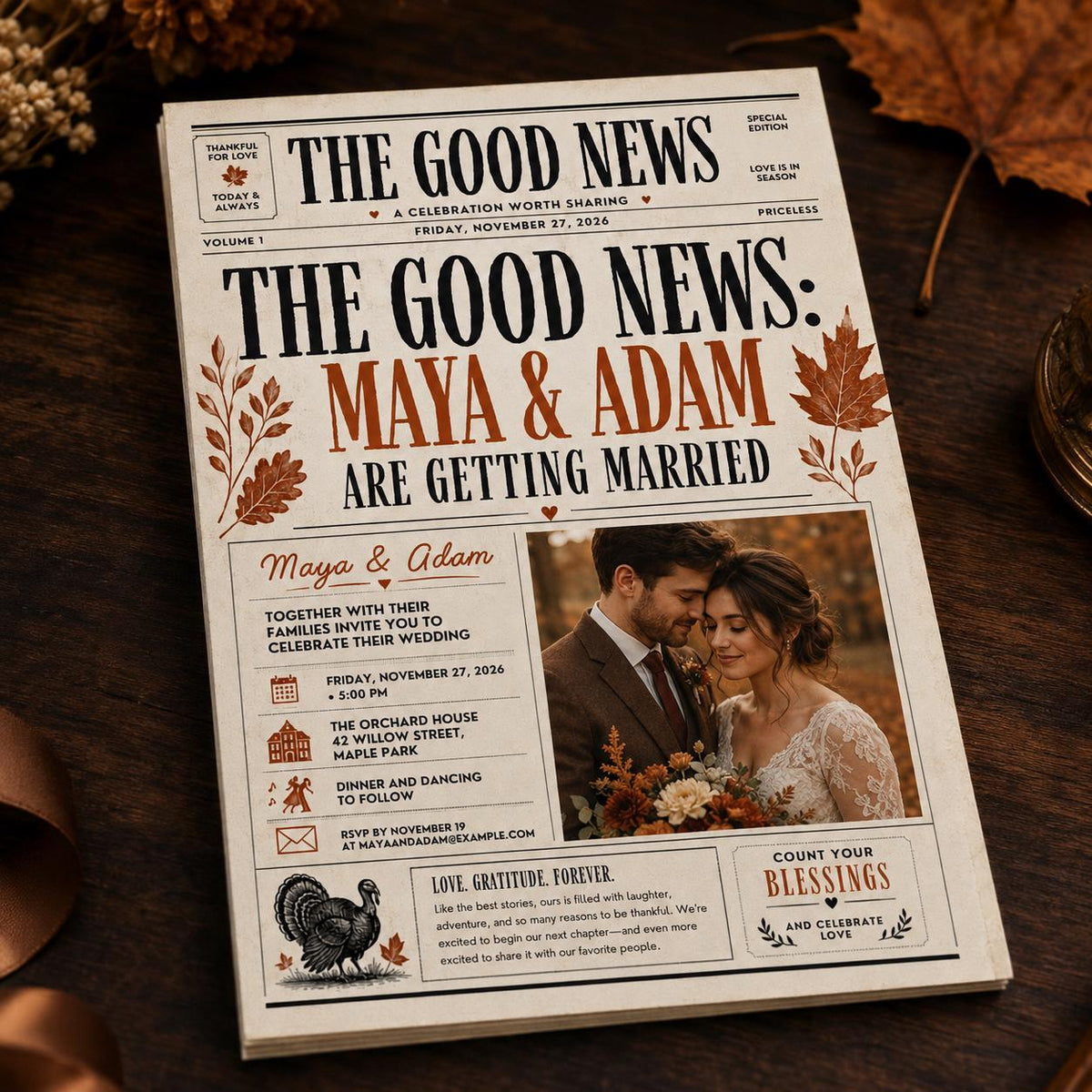 Newspaper Wedding Invitation – Fall Thanksgiving Wedding Announcement – Vintage Editorial