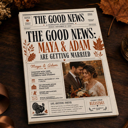 Newspaper Wedding Invitation – Fall Thanksgiving Wedding Announcement – Vintage Editorial