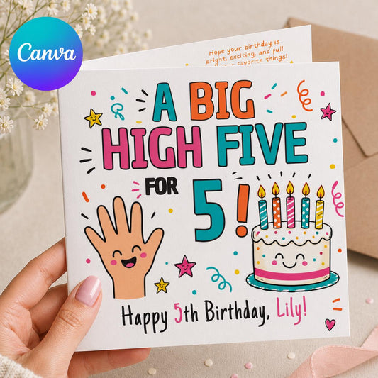 5th Birthday Greeting Card – Big High Five Printable for Five Year Old Child – Colorful Editable Folded Card