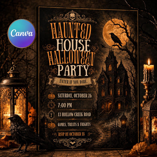 Vintage Gothic Haunted House Halloween Invitation — editable Canva template