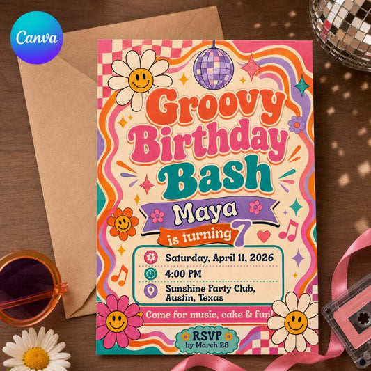 Groovy 7th Birthday Invitation – Retro Disco Girl Party