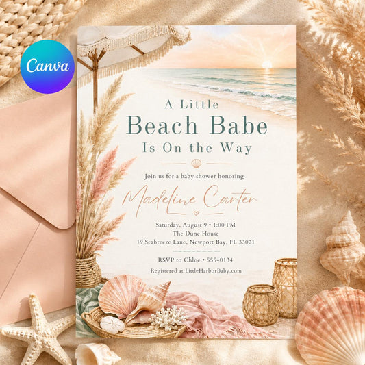 A Little Beach Babe Baby Shower Invitation Bundle, Editable Pink Shell Baby Shower Invitation Template, Boho Summer Baby Shower Invite __etsy:8134350323