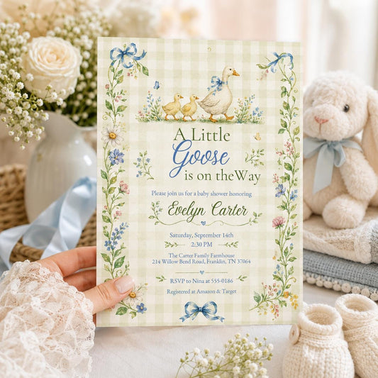 A Little Goose Baby Shower Invitation, Gingham Duck Theme Invite, Farmhouse Baby Shower Template, A Little Goose is on the Way Baby Shower __etsy:8130042620