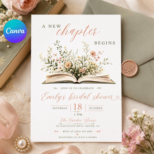 A New Chapter Begins Baby Shower Invitation, Storybook Baby Shower Invite, Gender Neutral, Bridal Shower Invitation, Editable Canva Template __etsy:8080514583