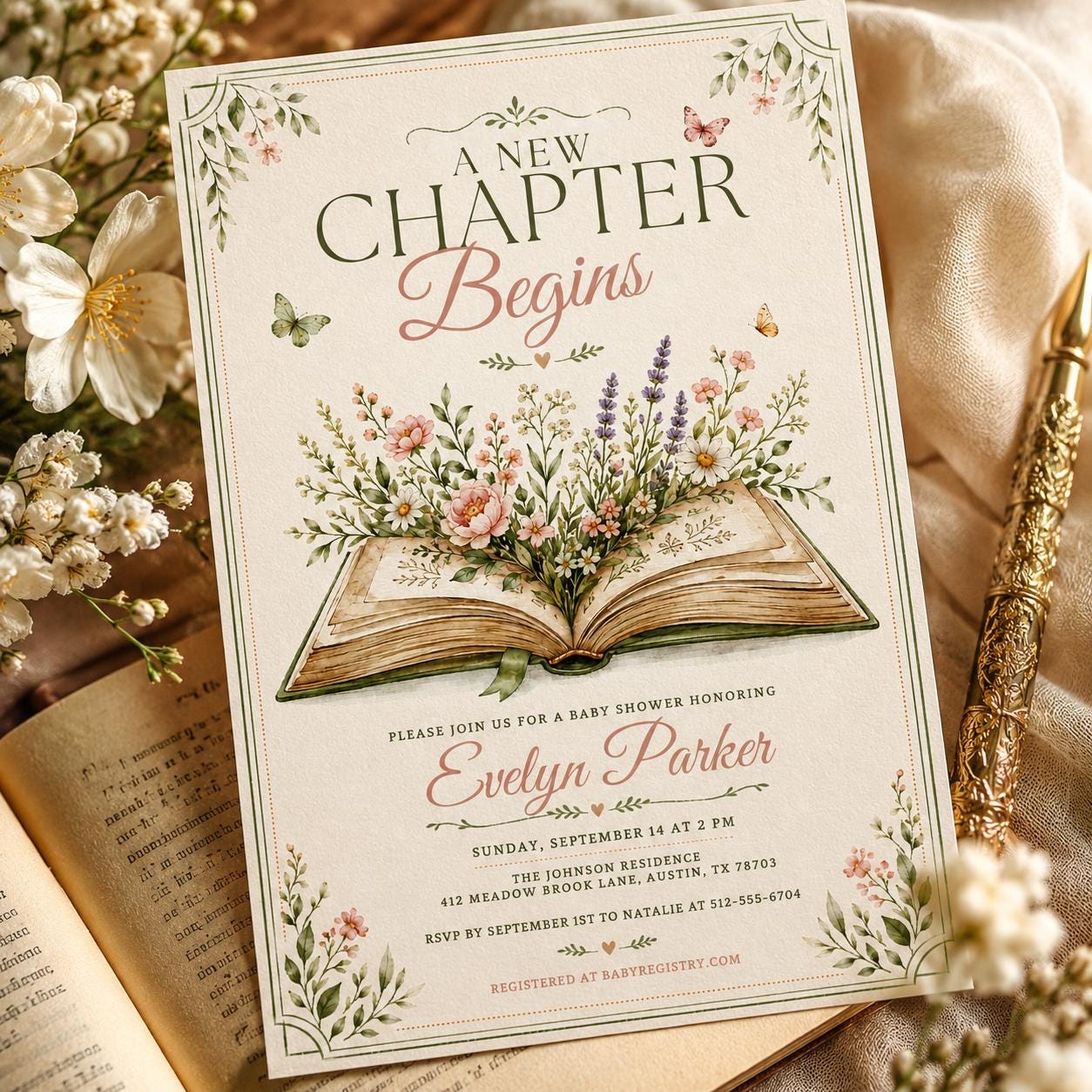 A New Chapter Begins Baby Shower Invitation, Storybook Baby Shower Invite, Gender Neutral, Bridal Shower Invitation, Editable Canva Template __etsy:8085395523