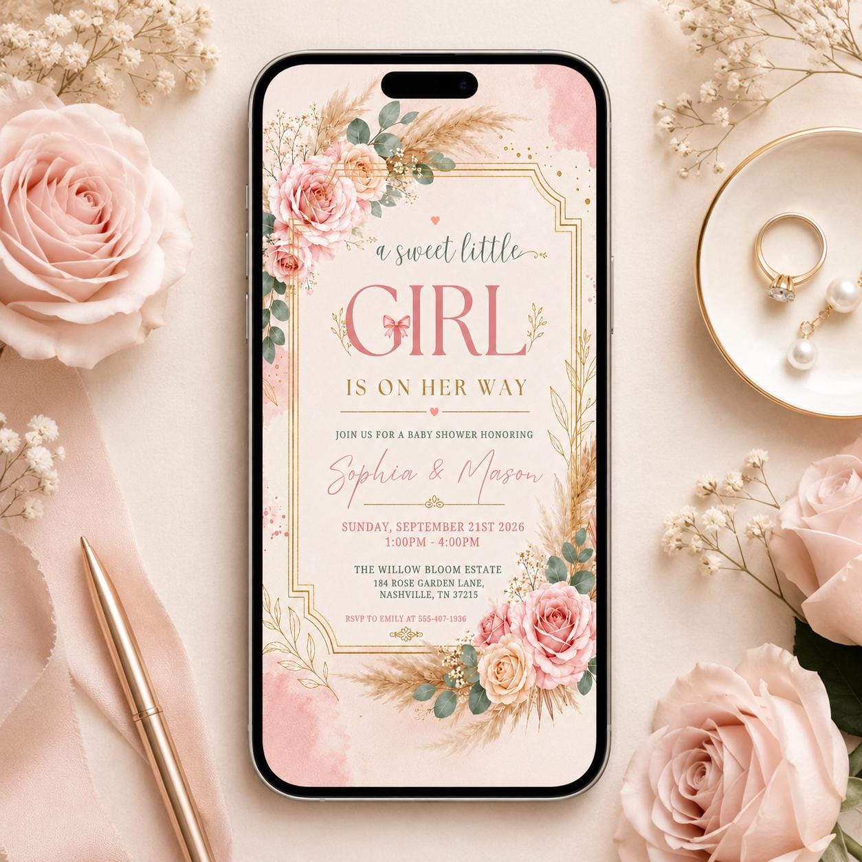 A Sweet Baby Girl is on Her Way Baby Shower Invitation Pink Floral Clothesline Invite Editable Baby Laundry Clothes Flower Dress Invite __etsy:8026290948