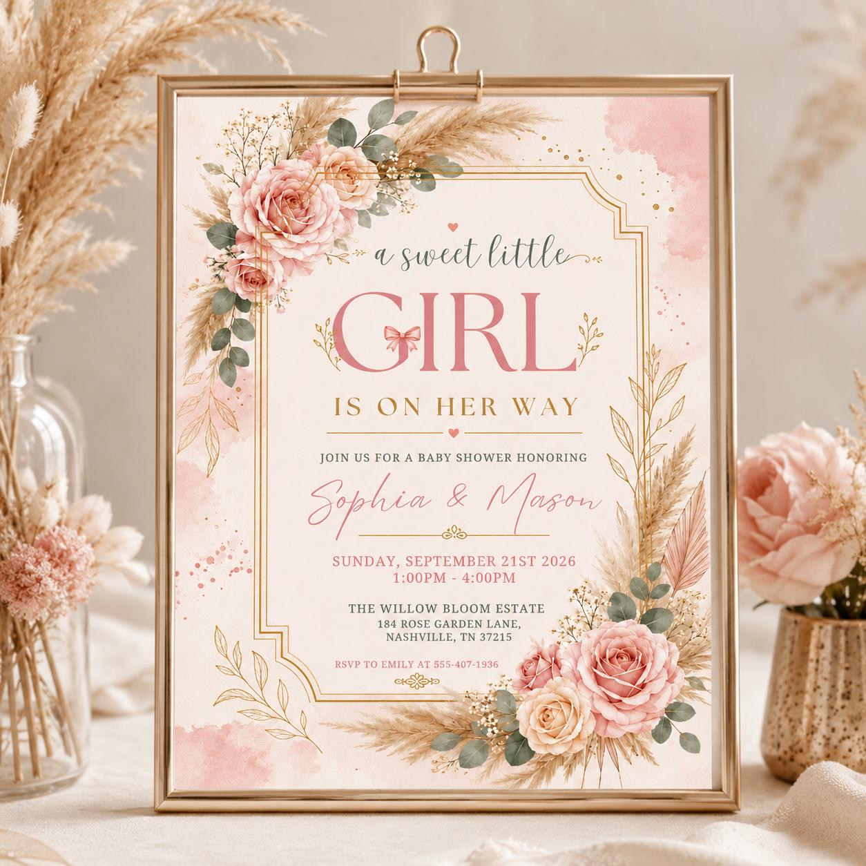 A Sweet Baby Girl is on Her Way Baby Shower Invitation Pink Floral Clothesline Invite Editable Baby Laundry Clothes Flower Dress Invite __etsy:8026290944