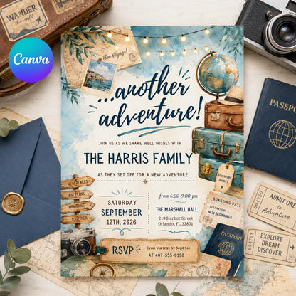 Adventure Awaits Family Invitation Template, Adventure Awaits Birthday Invitation, Adventure Invitation, Travel Birthday Invitation, Canva __etsy:8008965944