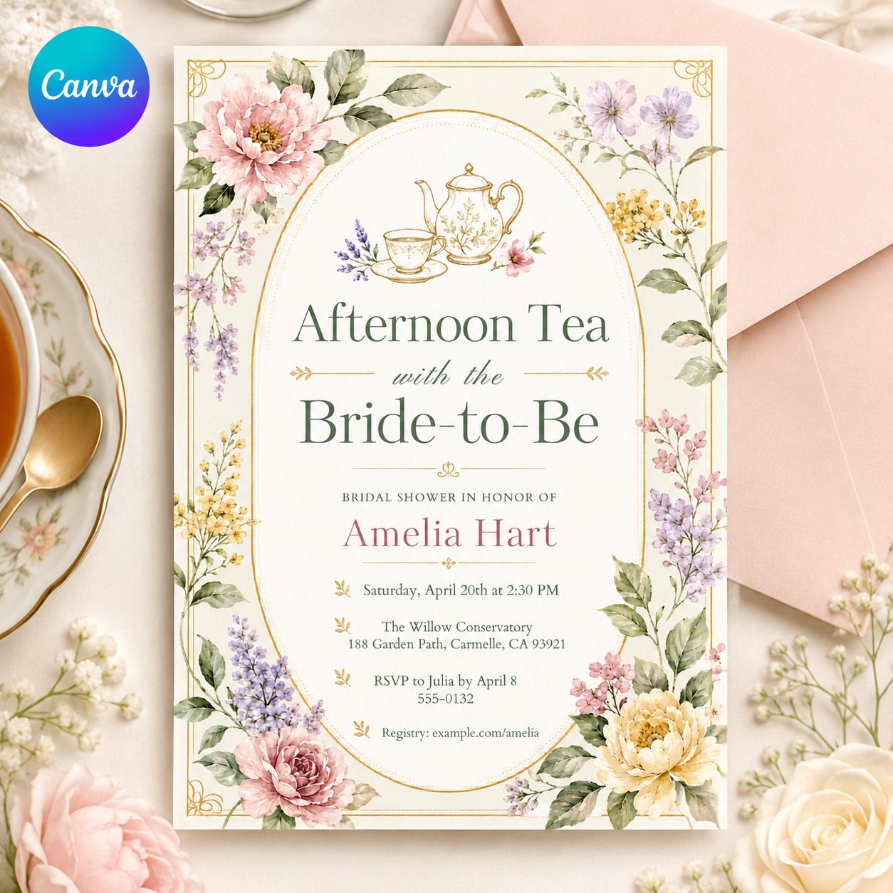 Afternoon Tea Birthday Invitation, Tea Party Birthday Invitation, Girl Par-tea Invite, Garden Tea Party Birthday Invite, Editable Canva __etsy:8111181047