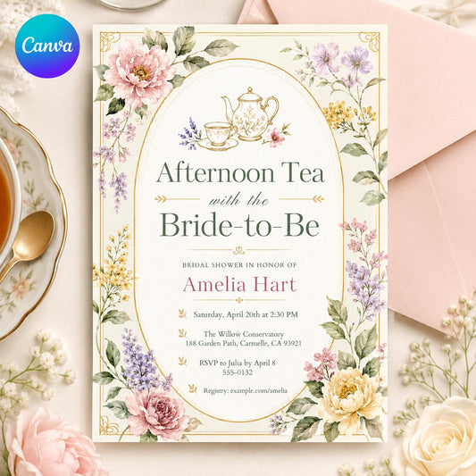 Afternoon Tea Birthday Invitation, Tea Party Birthday Invitation, Girl Par-tea Invite, Garden Tea Party Birthday Invite, Editable Canva __etsy:8111181047