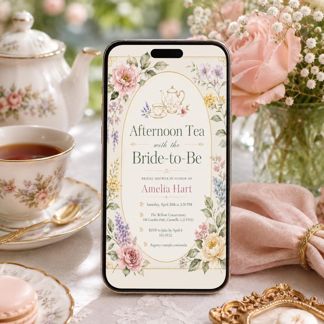 Afternoon Tea Birthday Invitation, Tea Party Birthday Invitation, Girl Par-tea Invite, Garden Tea Party Birthday Invite, Editable Canva __etsy:8111181055