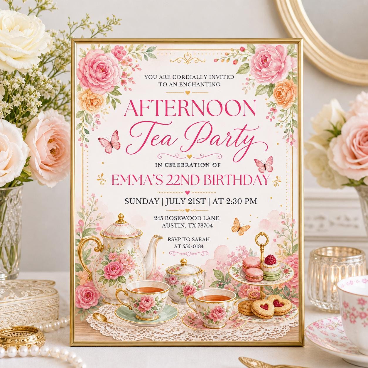 Afternoon Tea Birthday Invitation, Tea Party Birthday Invitation, Girl Par-tea Invite, Garden Tea Party Birthday Invite, Editable Canva __etsy:8032022475