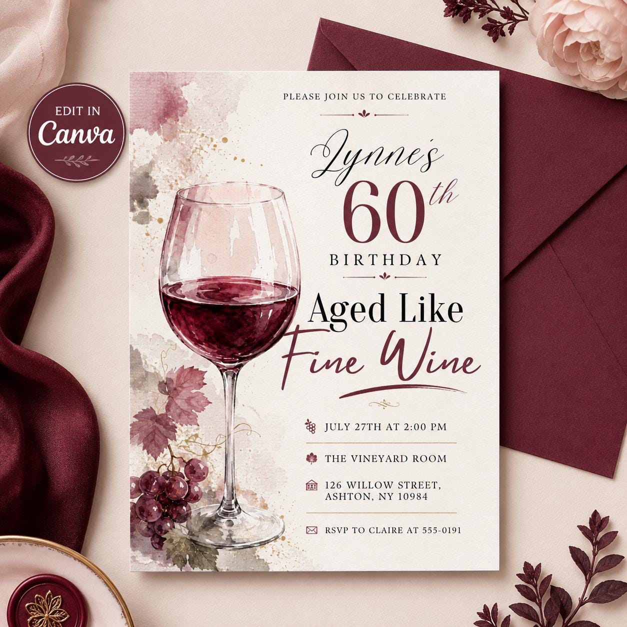Aged Like Fine Wine , 60th Birthday Invitation , wine invitations,aged to perfection,bridal wine,shower wine , wine tasting , Canva Template __etsy:8112259009