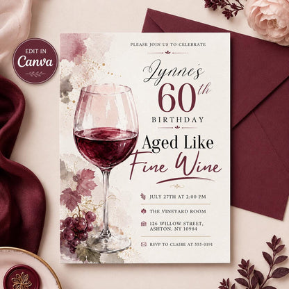 Aged Like Fine Wine , 60th Birthday Invitation , wine invitations,aged to perfection,bridal wine,shower wine , wine tasting , Canva Template __etsy:8112259009