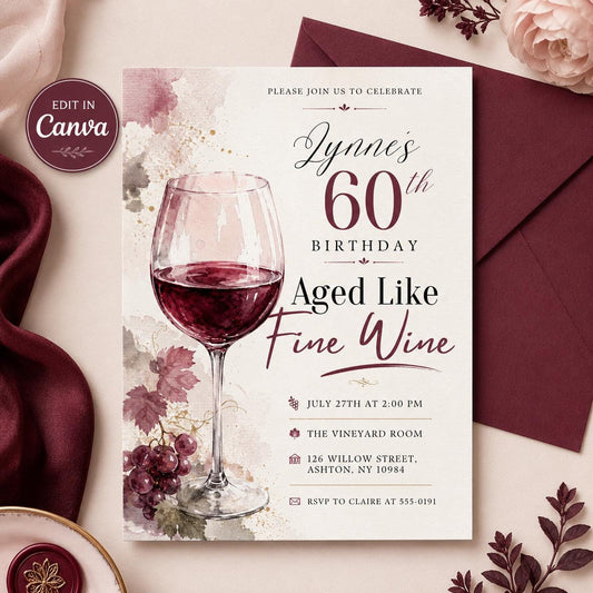 Aged Like Fine Wine , 60th Birthday Invitation , wine invitations,aged to perfection,bridal wine,shower wine , wine tasting , Canva Template __etsy:8112259009