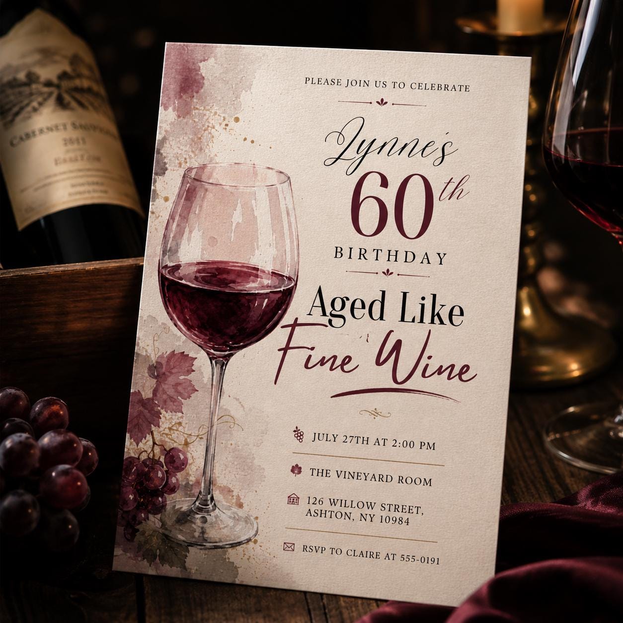 Aged Like Fine Wine , 60th Birthday Invitation , wine invitations,aged to perfection,bridal wine,shower wine , wine tasting , Canva Template __etsy:8112258969