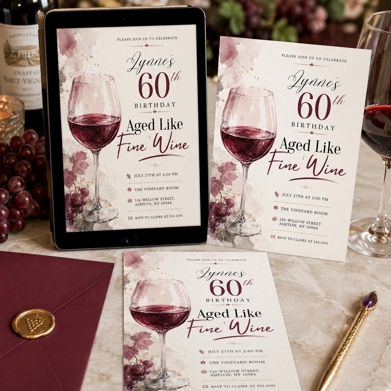 Aged Like Fine Wine , 60th Birthday Invitation , wine invitations,aged to perfection,bridal wine,shower wine , wine tasting , Canva Template __etsy:8112258997