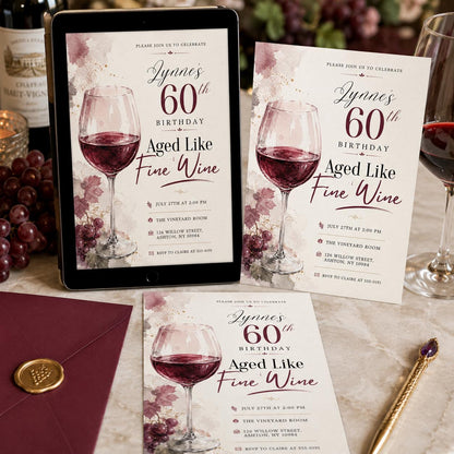 Aged Like Fine Wine , 60th Birthday Invitation , wine invitations,aged to perfection,bridal wine,shower wine , wine tasting , Canva Template __etsy:8112258997