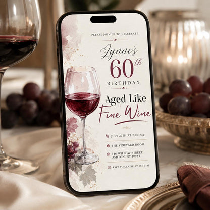 Aged Like Fine Wine , 60th Birthday Invitation , wine invitations,aged to perfection,bridal wine,shower wine , wine tasting , Canva Template __etsy:8112259015