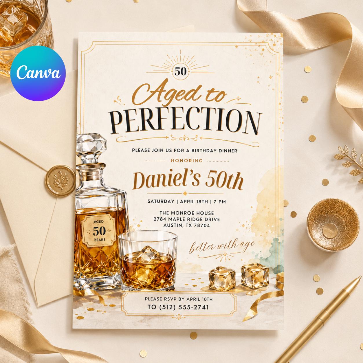 Aged to Perfection Birthday Invitation, Mens Birthday Invite, Whiskey Theme, 40th 50th 60th Birthday, Editable Adult Birthday Template Canva __etsy:8048820317
