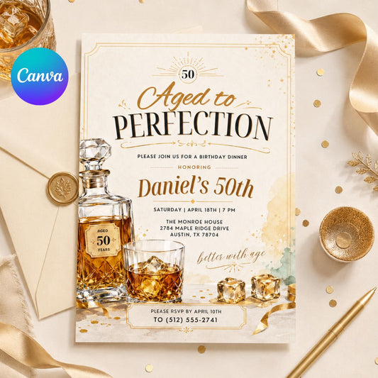 Aged to Perfection Birthday Invitation, Mens Birthday Invite, Whiskey Theme, 40th 50th 60th Birthday, Editable Adult Birthday Template Canva __etsy:8048820317