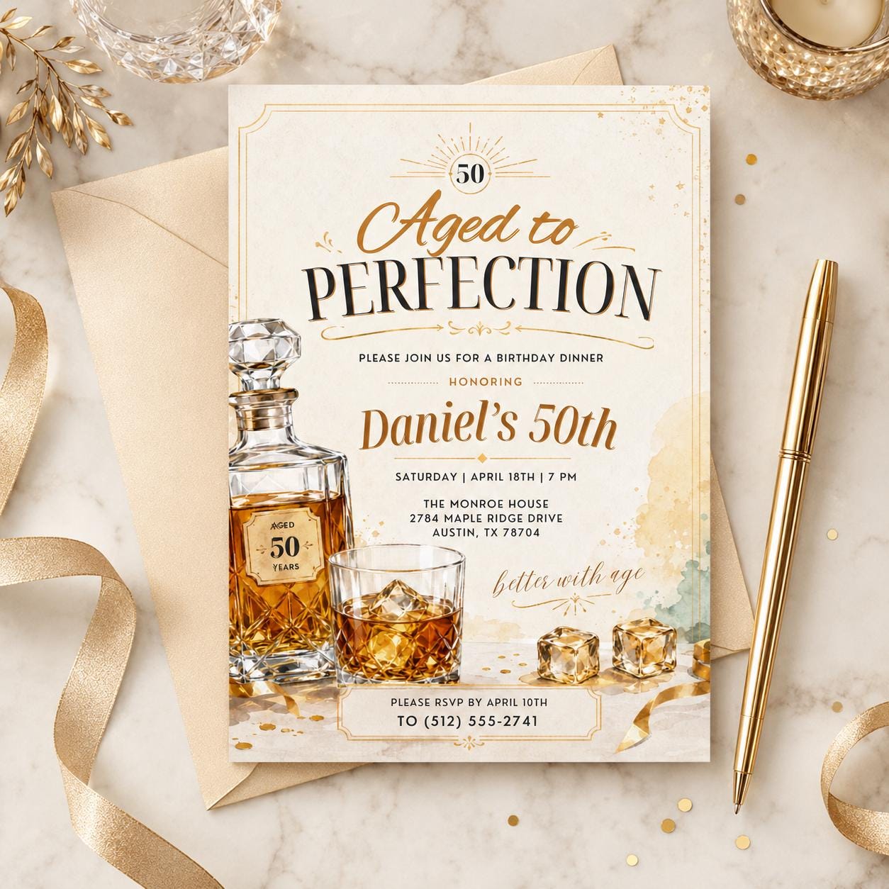 Aged to Perfection Birthday Invitation, Mens Birthday Invite, Whiskey Theme, 40th 50th 60th Birthday, Editable Adult Birthday Template Canva __etsy:7998309016