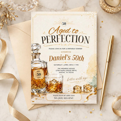 Aged to Perfection Birthday Invitation, Mens Birthday Invite, Whiskey Theme, 40th 50th 60th Birthday, Editable Adult Birthday Template Canva __etsy:7998309016
