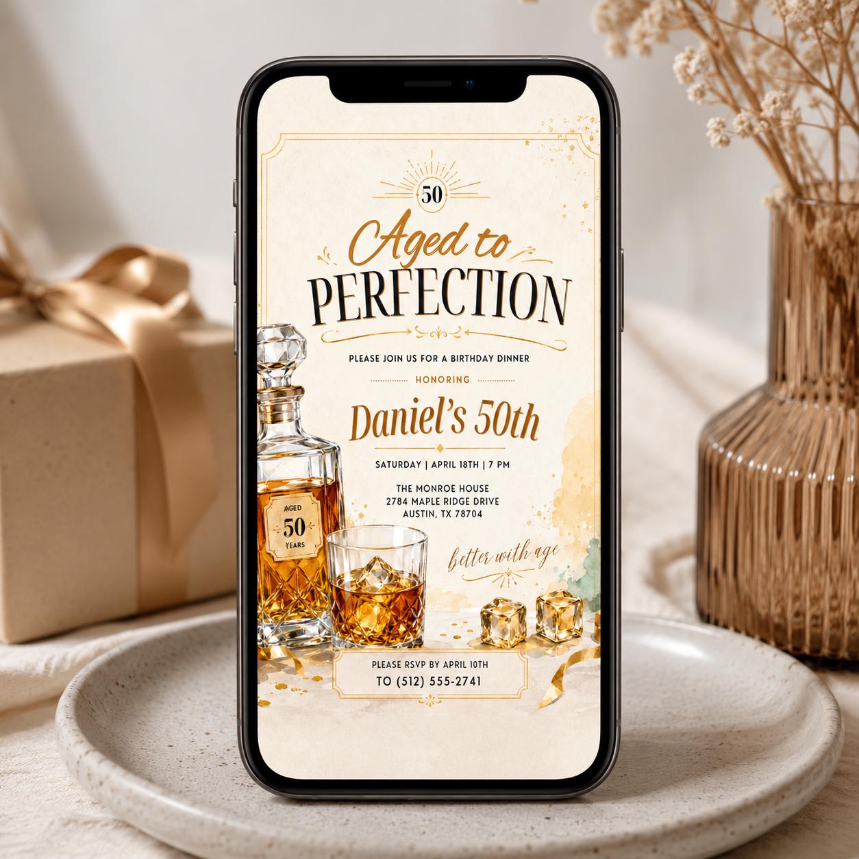 Aged to Perfection Birthday Invitation, Mens Birthday Invite, Whiskey Theme, 40th 50th 60th Birthday, Editable Adult Birthday Template Canva __etsy:8046244063