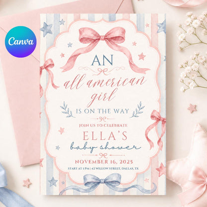 All American Girl Baby Shower, Editable Girl Baby Shower Party Kit, 4th Of July Theme Baby Shower Invite Template, Canva template __etsy:7987980840