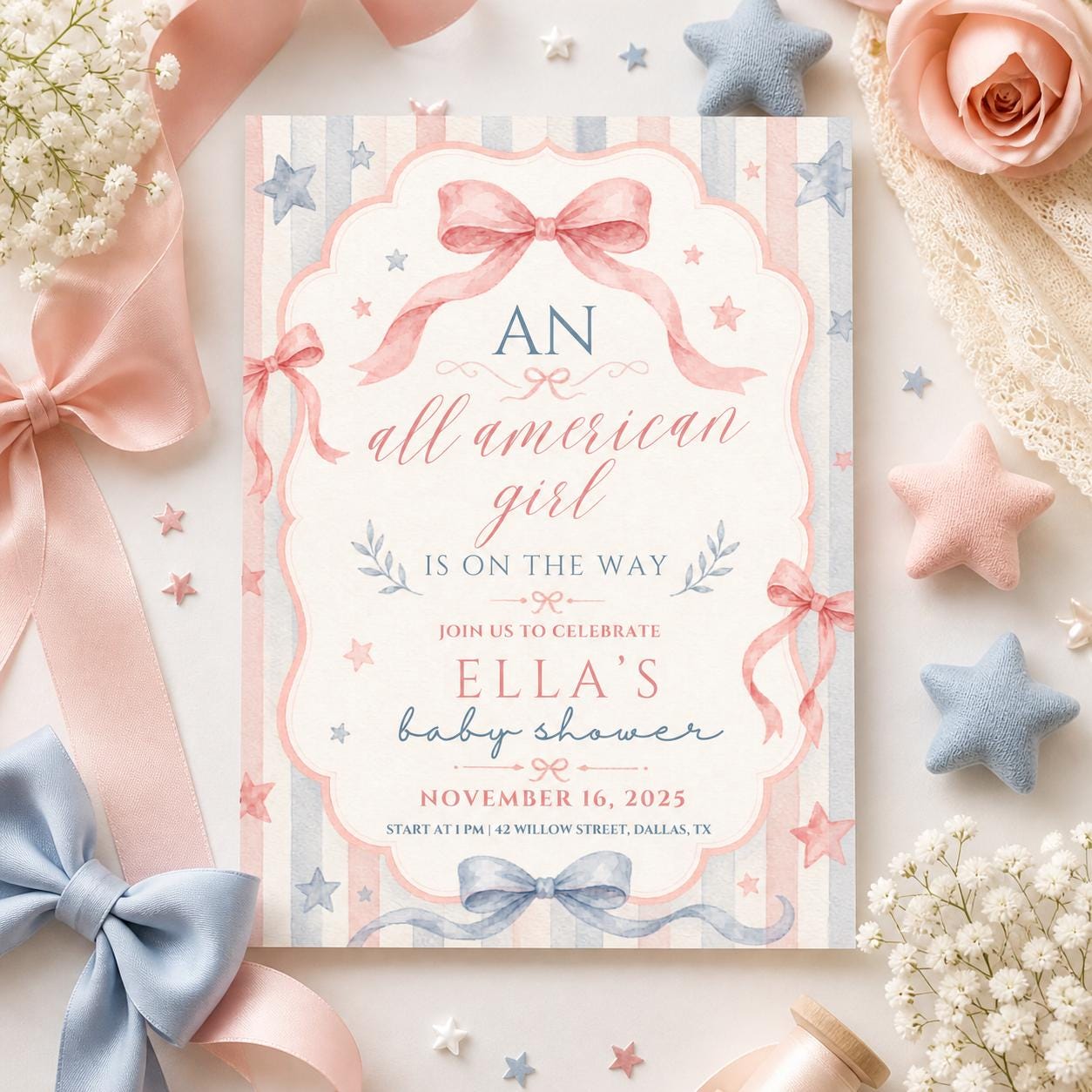 All American Girl Baby Shower, Editable Girl Baby Shower Party Kit, 4th Of July Theme Baby Shower Invite Template, Canva template __etsy:7983884472