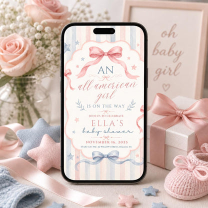All American Girl Baby Shower, Editable Girl Baby Shower Party Kit, 4th Of July Theme Baby Shower Invite Template, Canva template __etsy:8031828775