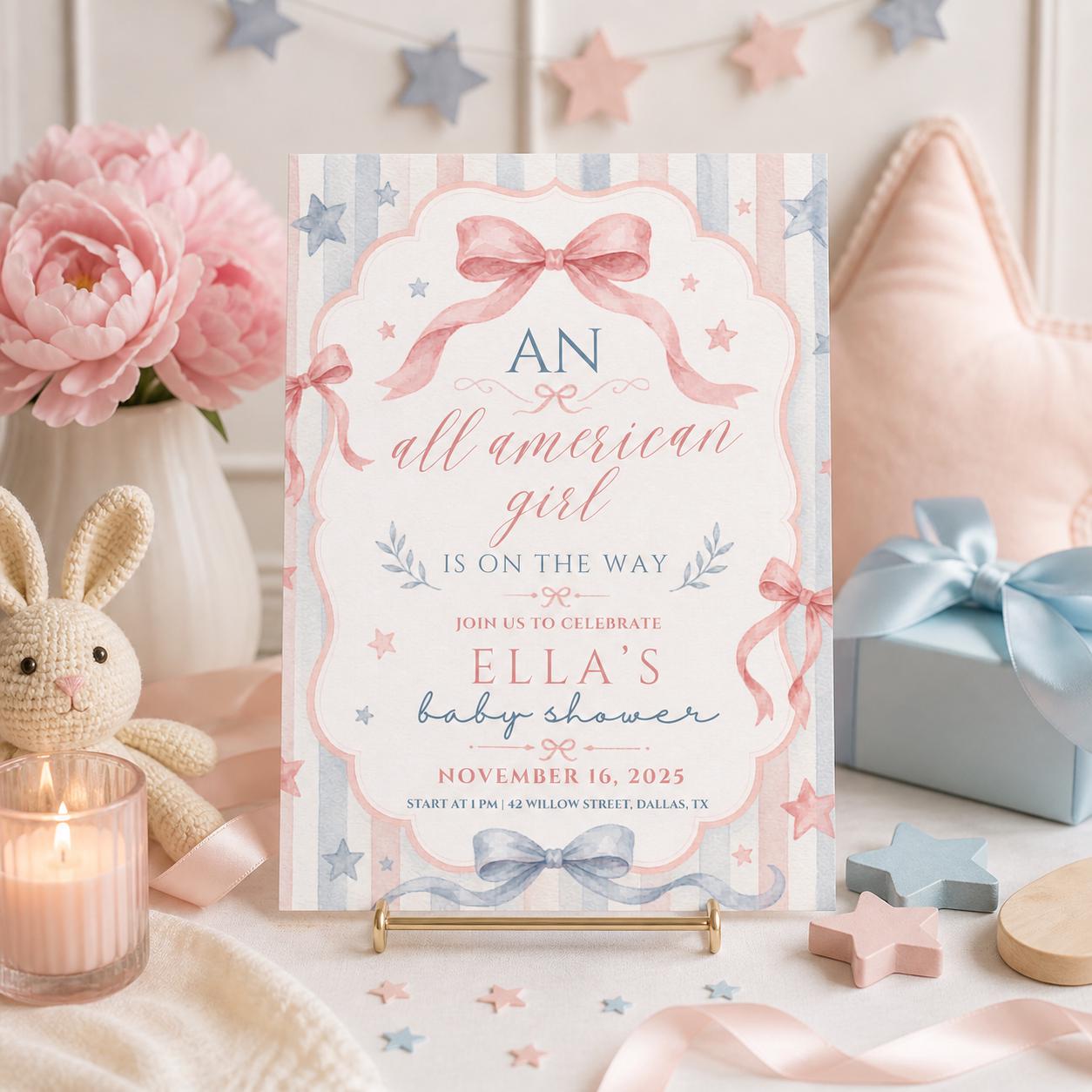 All American Girl Baby Shower, Editable Girl Baby Shower Party Kit, 4th Of July Theme Baby Shower Invite Template, Canva template __etsy:7983884168