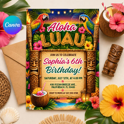 Aloha Luau Birthday Invitation, Tropical Birthday Invitation, Luau Birthday Invitation, Luau Invitation, Aloha Party Invite, Editable Canva __etsy:7987981082