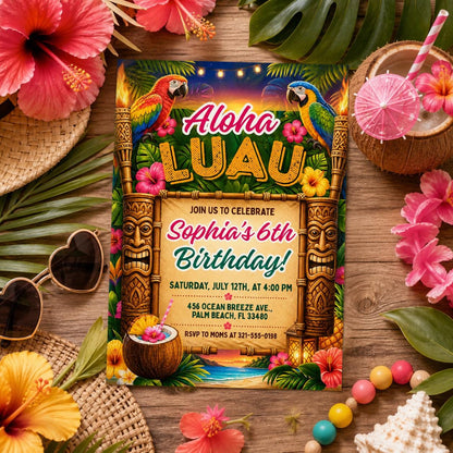 Aloha Luau Birthday Invitation, Tropical Birthday Invitation, Luau Birthday Invitation, Luau Invitation, Aloha Party Invite, Editable Canva __etsy:8031815791