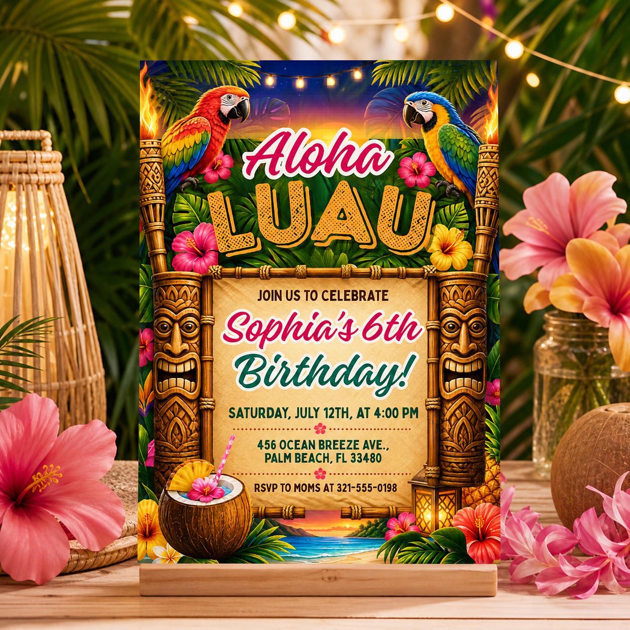 Aloha Luau Birthday Invitation, Tropical Birthday Invitation, Luau Birthday Invitation, Luau Invitation, Aloha Party Invite, Editable Canva __etsy:7983870592