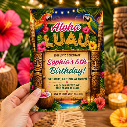 Aloha Luau Birthday Invitation, Tropical Birthday Invitation, Luau Birthday Invitation, Luau Invitation, Aloha Party Invite, Editable Canva __etsy:7983870580