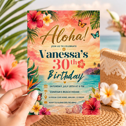 Aloha party invitation, Luau birthday, printable editable girl invite template, Pineapple invitation, Tropical Aloha 30th party, Canva __etsy:8010742636