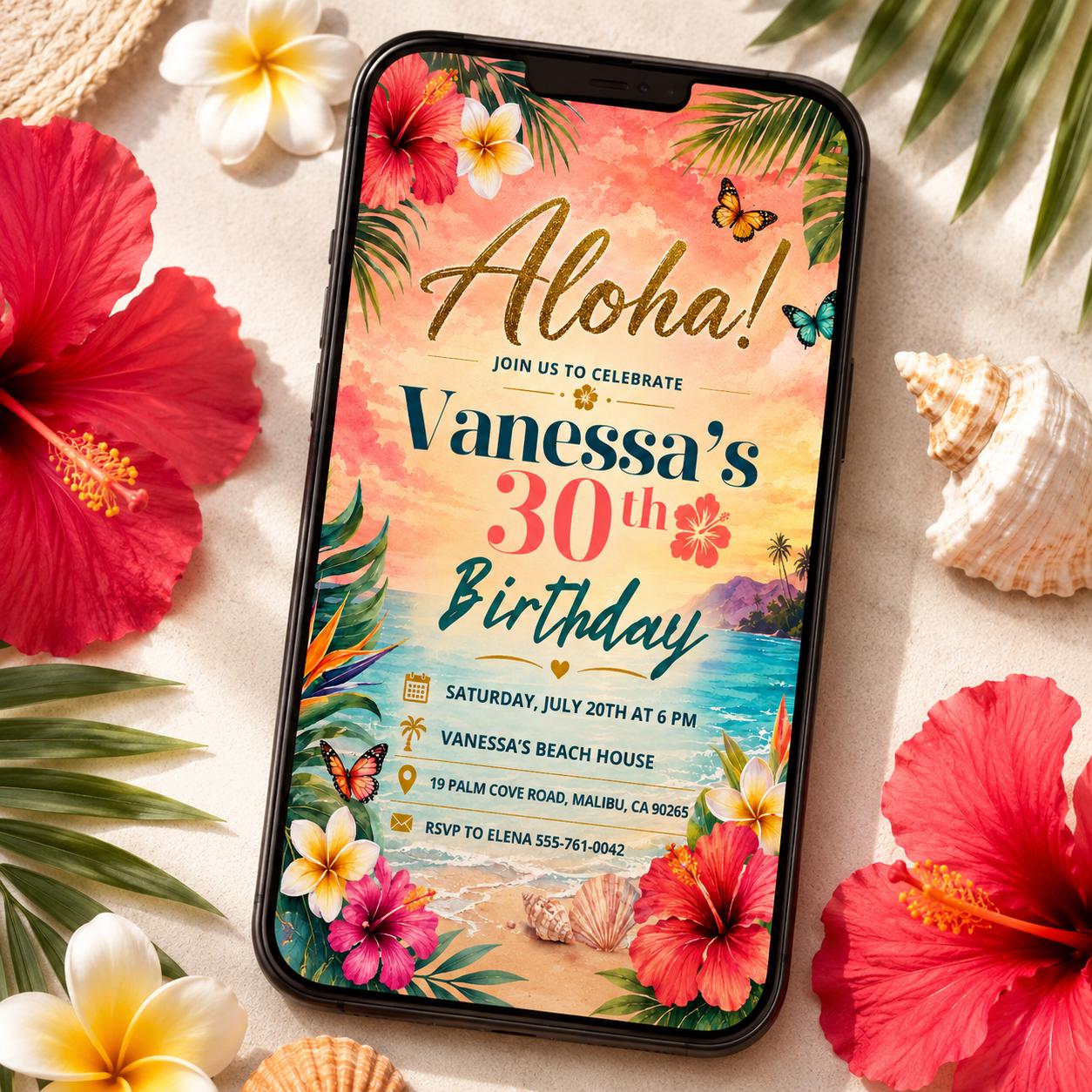 Aloha party invitation, Luau birthday, printable editable girl invite template, Pineapple invitation, Tropical Aloha 30th party, Canva __etsy:8010742748