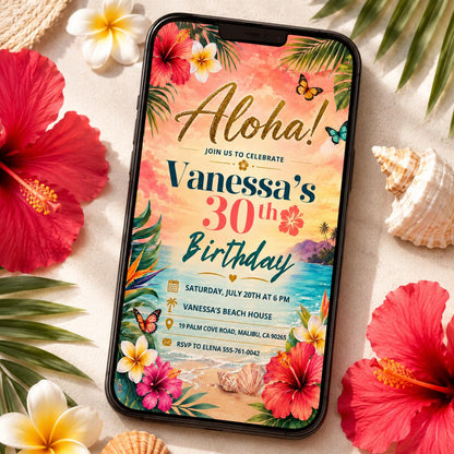 Aloha party invitation, Luau birthday, printable editable girl invite template, Pineapple invitation, Tropical Aloha 30th party, Canva __etsy:8010742748