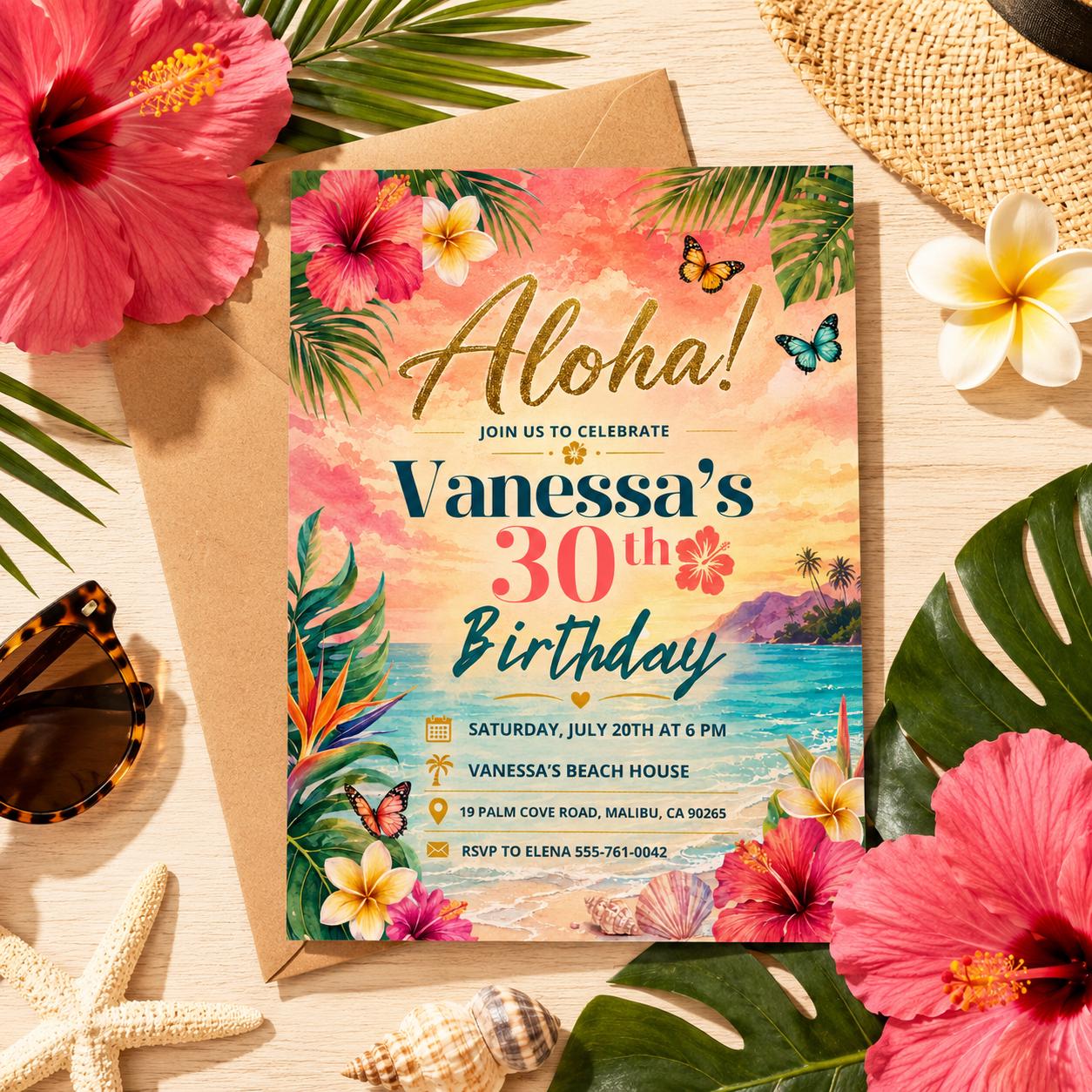 Aloha party invitation, Luau birthday, printable editable girl invite template, Pineapple invitation, Tropical Aloha 30th party, Canva __etsy:8010743376