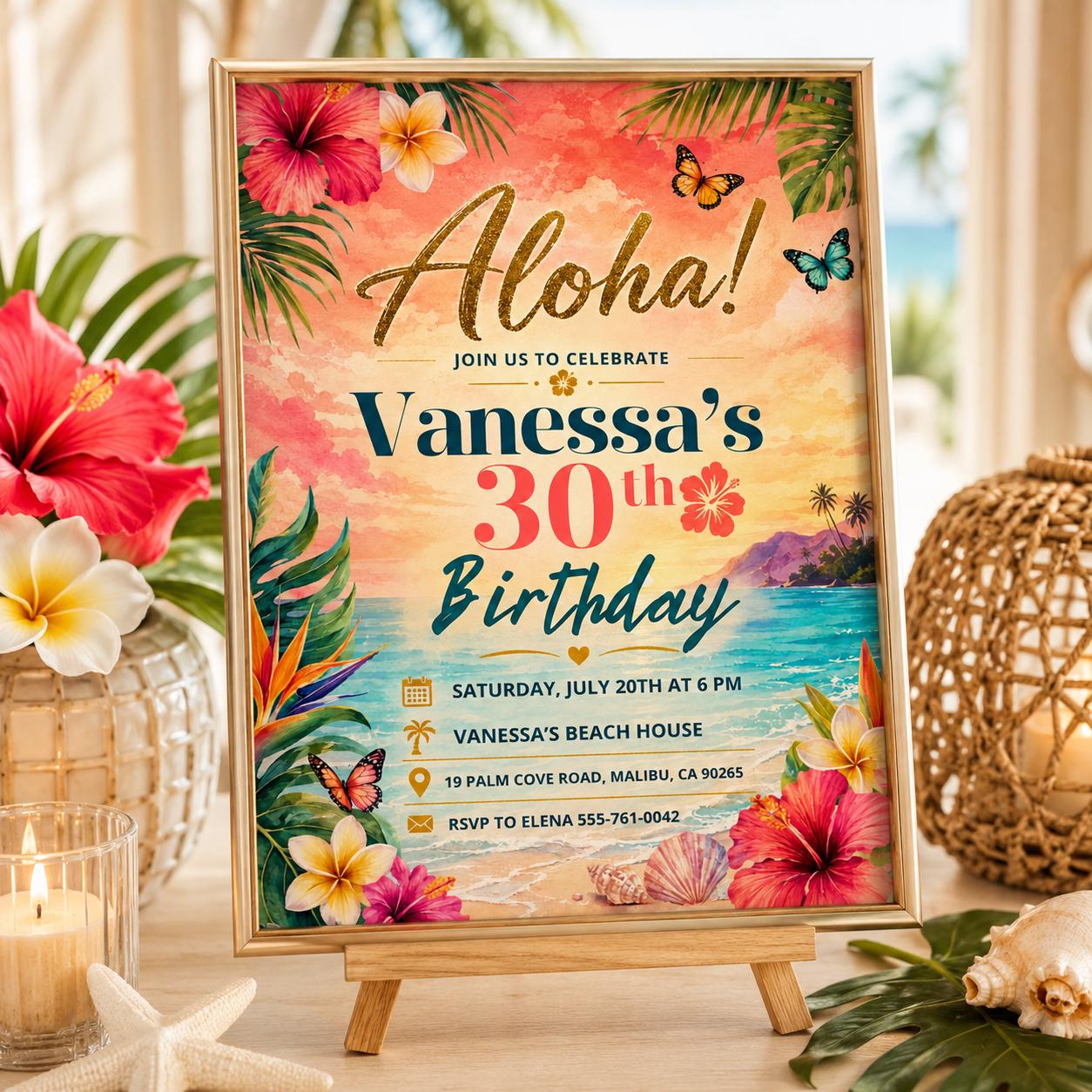 Aloha party invitation, Luau birthday, printable editable girl invite template, Pineapple invitation, Tropical Aloha 30th party, Canva __etsy:8010743398