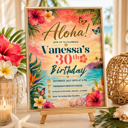 Aloha party invitation, Luau birthday, printable editable girl invite template, Pineapple invitation, Tropical Aloha 30th party, Canva __etsy:8010743398