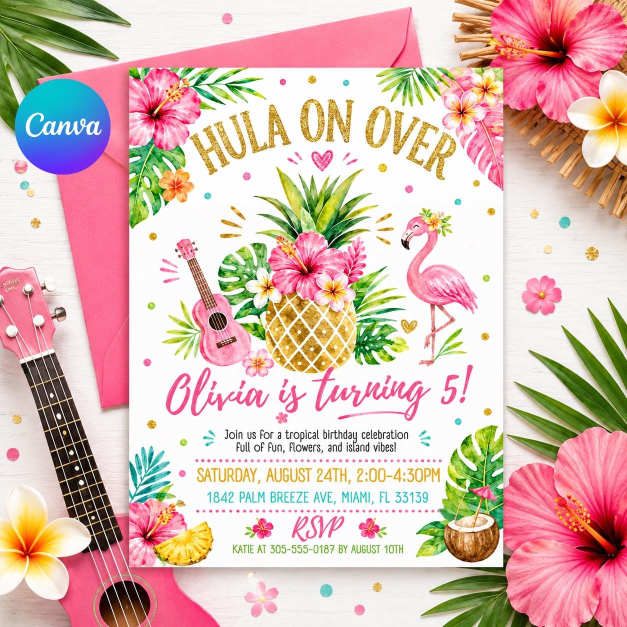 Aloha party invitation, Luau birthday, printable editable girl invite template, Tropical Hawaii party, Editable Canva template __etsy:8048814047