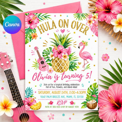 Aloha party invitation, Luau birthday, printable editable girl invite template, Tropical Hawaii party, Editable Canva template __etsy:8048814047
