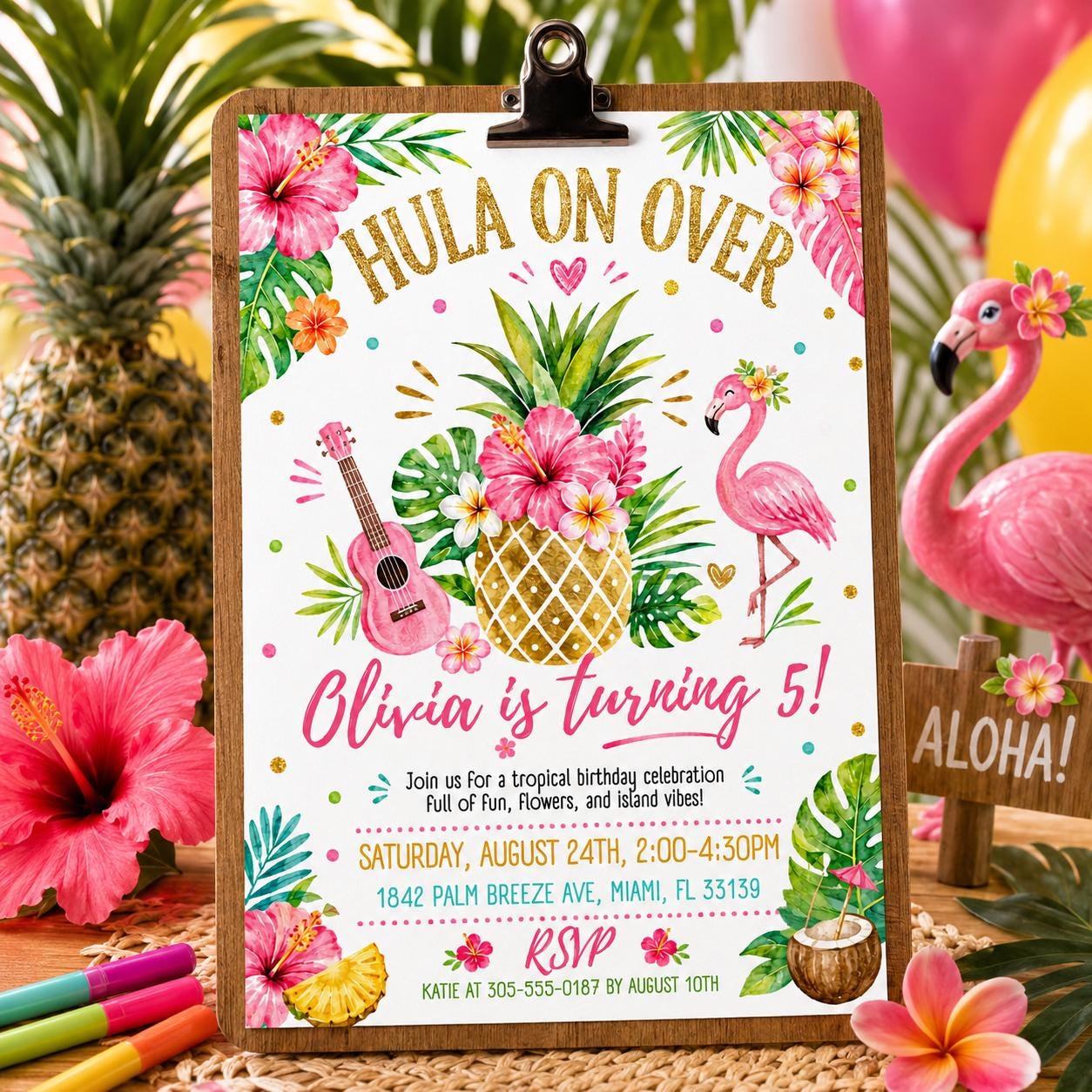 Aloha party invitation, Luau birthday, printable editable girl invite template, Tropical Hawaii party, Editable Canva template __etsy:7998850334