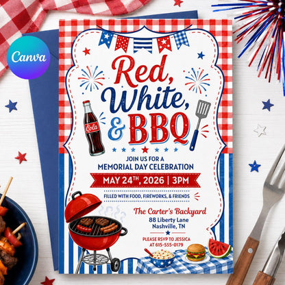 America 250th Anniversary Invitation Template, 4th of July Party Invitation, USA Patriotic Red White Blue BBQ Invite Editable Canva Invite __etsy:8008997208