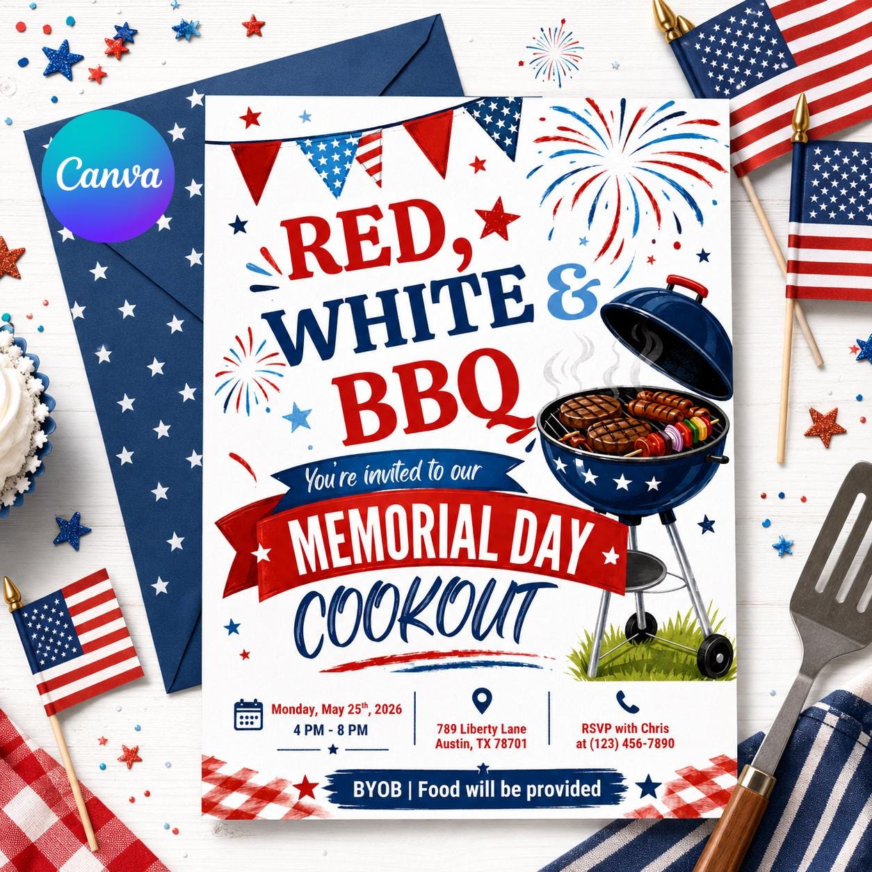America 250th Anniversary Invitation Template, 4th of July Party Invitation, USA Patriotic Red White Blue BBQ Invite Editable Canva Invite __etsy:8026294520