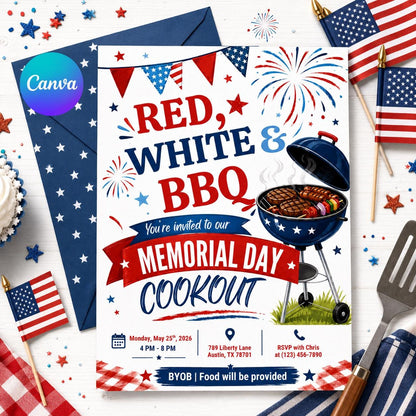 America 250th Anniversary Invitation Template, 4th of July Party Invitation, USA Patriotic Red White Blue BBQ Invite Editable Canva Invite __etsy:8026294520
